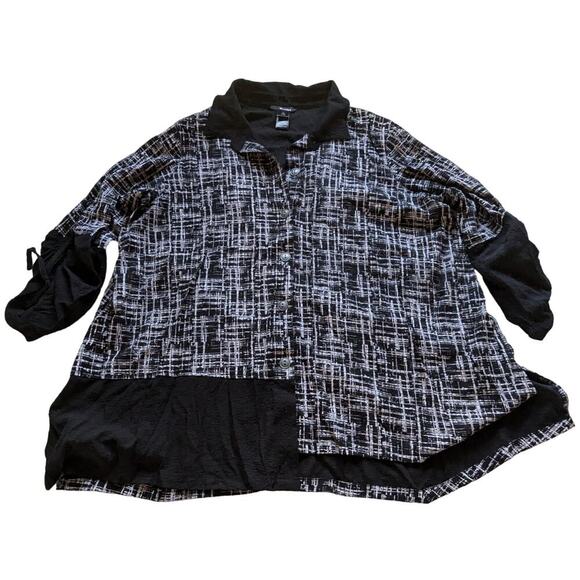 ALI MILES Art to Wear Lagenlook Crosshatch Uneven Hem Tie Sleeve Crinkled Top 1X - Picture 1 of 7